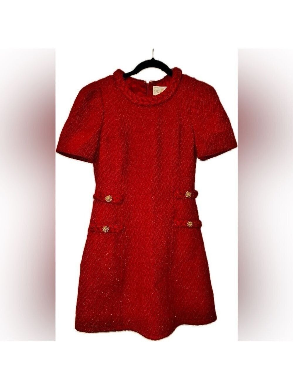 Red Winter Dress with Gold Weave and Braided Collar with Pockets